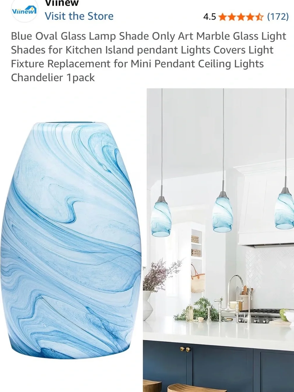 Vinew Blue Marble Hand Blown Glass Pendant Light Shade 8 in Art Glass